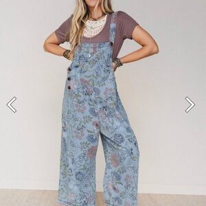 Three Bird Nest Blue Floral Wide-Leg Denim Overalls